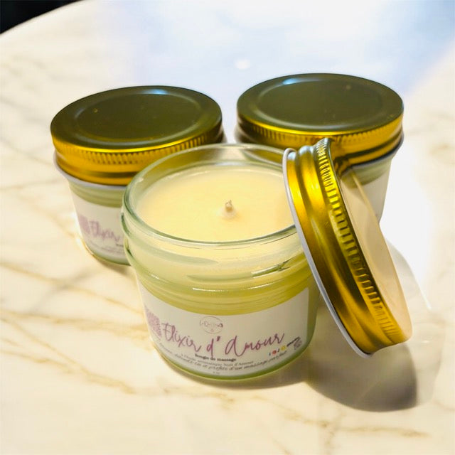 Natural soy massage candle that melts into warm body oil. LaQuiins Sensation's hand-poured massage candle nourishes skin, eases tension, and enhances intimate self-care rituals with a spa-like, sensual experience.