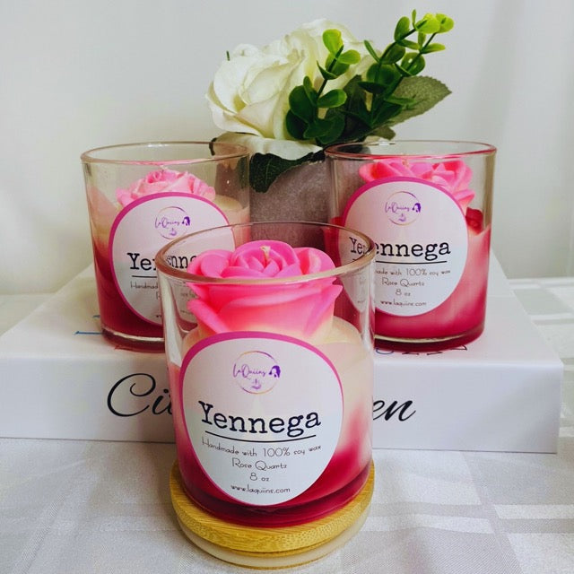 Handcrafted organic rose quartz scented candle in a delicate reusable glass jar, ideal for creating a soothing atmosphere.