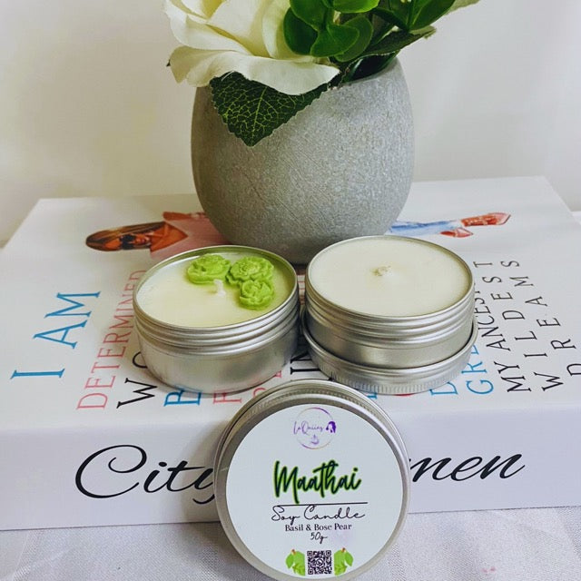 Mini handmade soy wax candles inviting new customers to discover and experience our variety of unique natural candles. Fragrance: Basil & bosc Pear