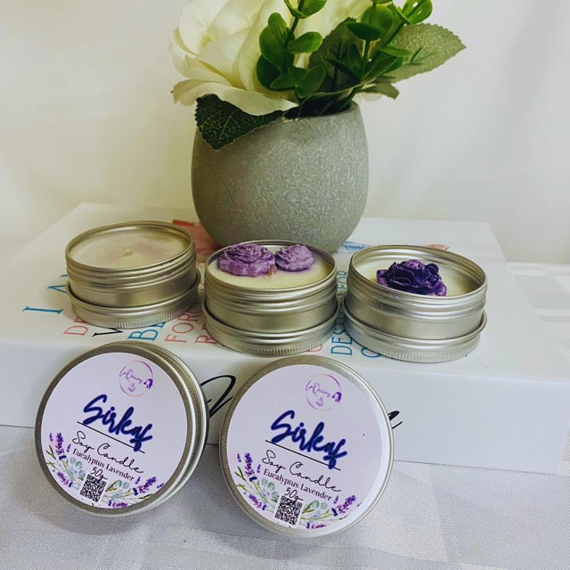 Mini handmade soy wax candles inviting new customers to discover and experience our variety of unique natural candles. Fragrance: Eucalyptus Lavender