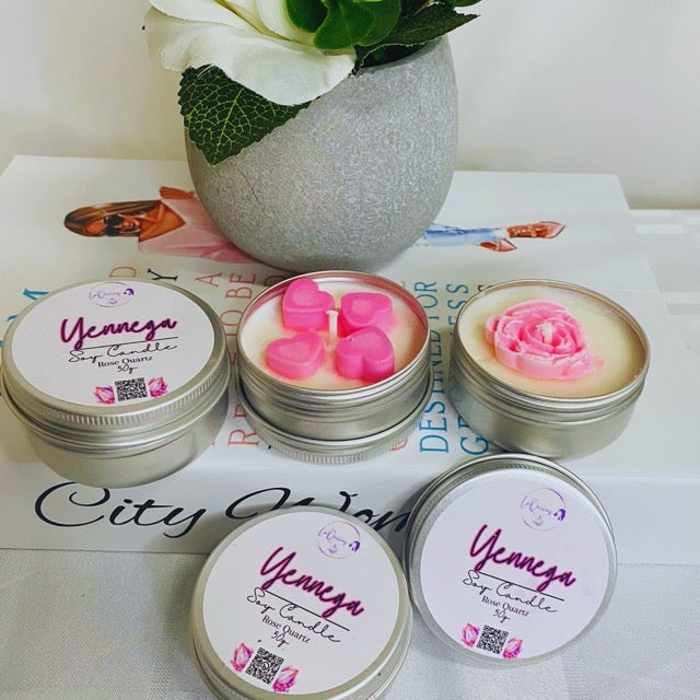 Mini handmade soy wax candles inviting new customers to discover and experience our variety of unique natural candles. Fragrance: Rose Quartz