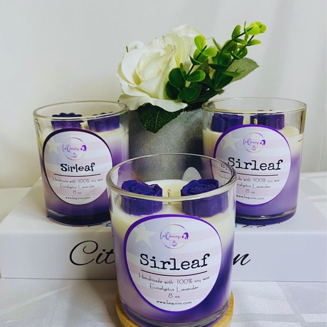 Handcrafted organic eucalyptus lavender scented candle in a reusable glass container, promoting relaxation and tranquility.